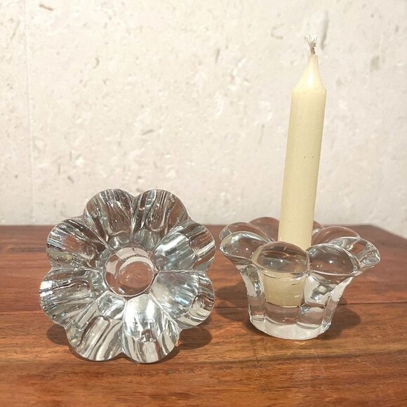 Vintage Heisey Glass Crystolite Rosette Pair of Candle Holders - Picture 1 of 9